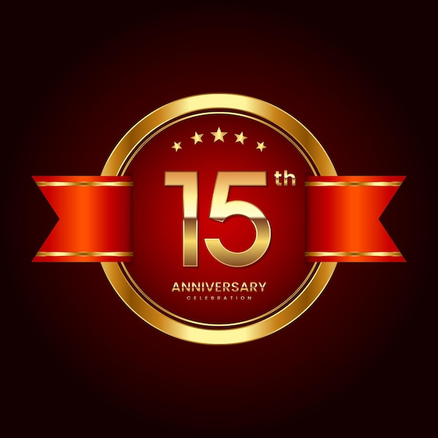 15th Anniversary logo with badge style Anniversary logo with gold color and red ribbon Logo Vector