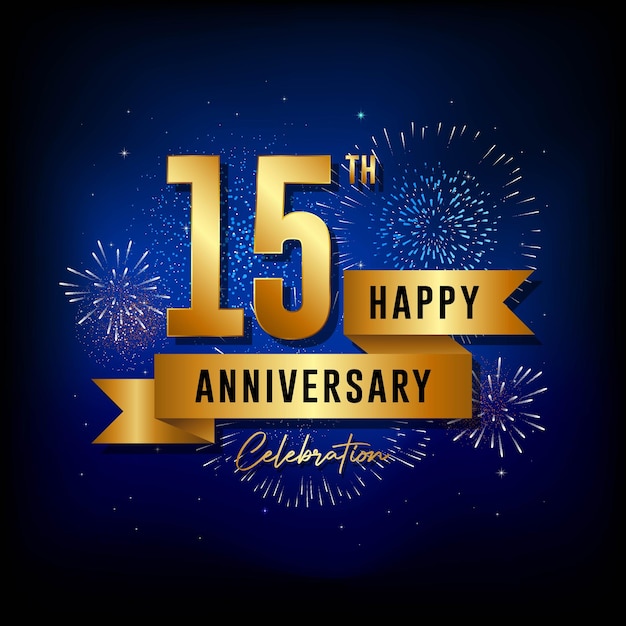 15th Anniversary template design with golden ribbon Vector template illustration