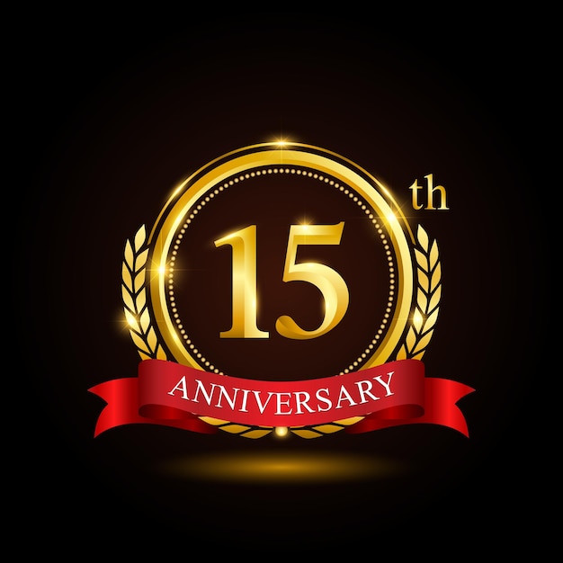 15th golden anniversary template design with shiny ring and red ribbon laurel wreath isolated on black background logo vector