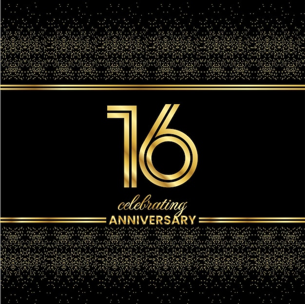 16 Golden Double Line Number Anniversary invitation cover with glitter separated by golden double lines on a black background