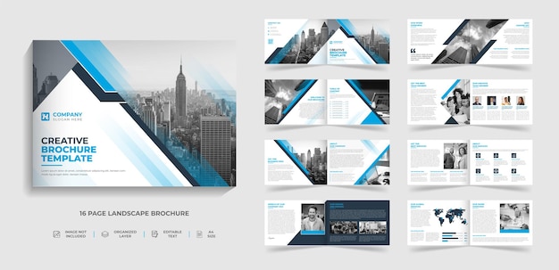 16 page corporate creative modern landscape brochure template design with abstract creative shape