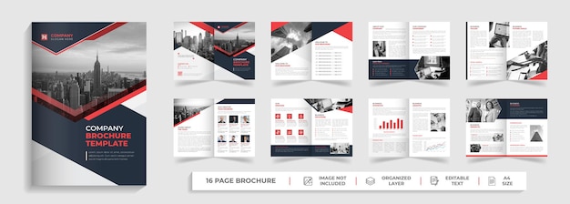 16 page corporate modern bifold multipage brochure template with red and black creative shapes