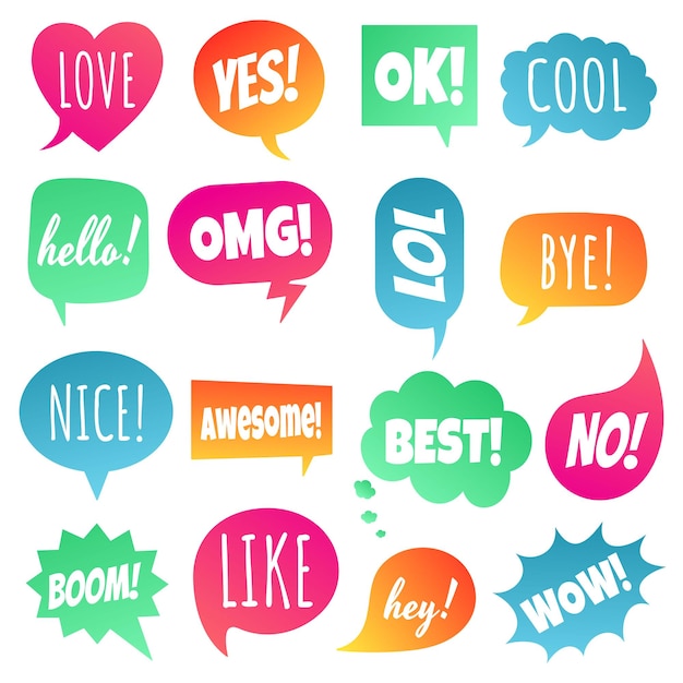 16 Speech bubbles flat gradient style design another shapes with text love yes like lol cool