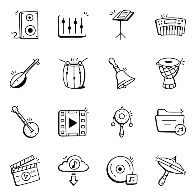 16 Trendy Instruments Doodle Icons