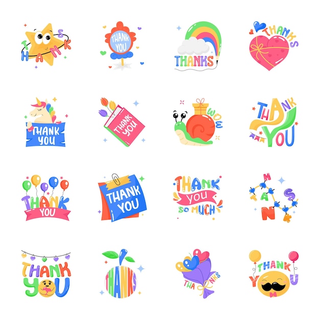 16 Trendy Typographic Thank You Flat Stickers