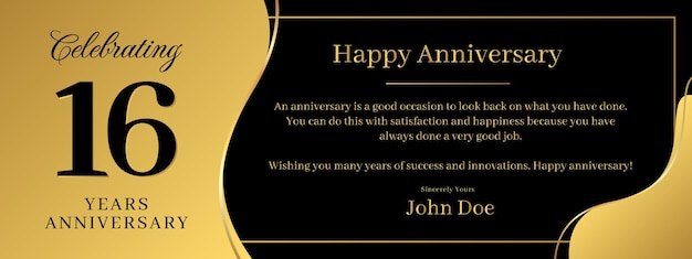 16 years anniversary a banner speech anniversary template with a gold background combination of black and text that can be replaced