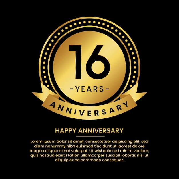 16 years anniversary banner with luxurious golden circles and halftone on a black background and replaceable text speech