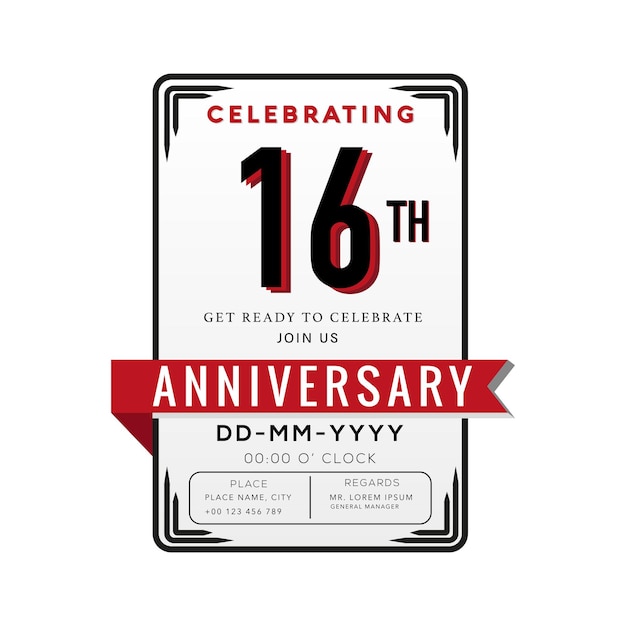 16 Years Anniversary Logo Celebration and Invitation Card with red ribbon Isolated