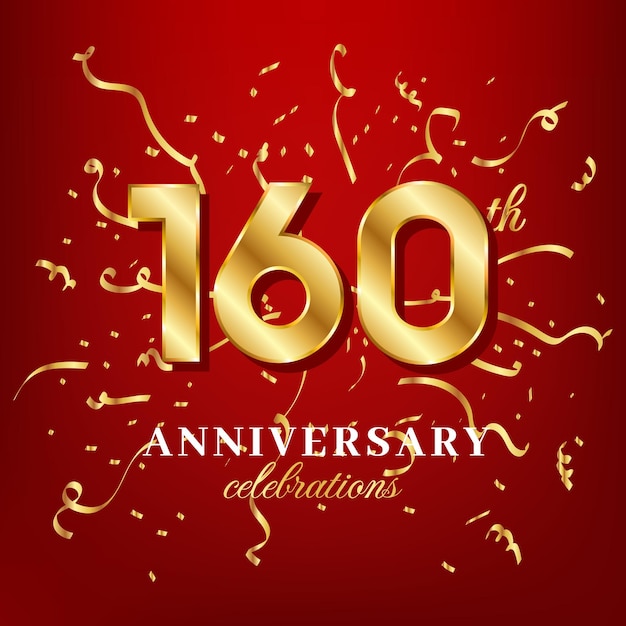 160 golden numbers and anniversary celebrating text with golden confetti spread on a red background