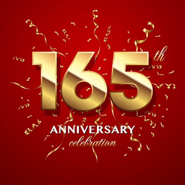 165th Anniversary Celebration Logo design with golden number and ribbon Logo Vector Template