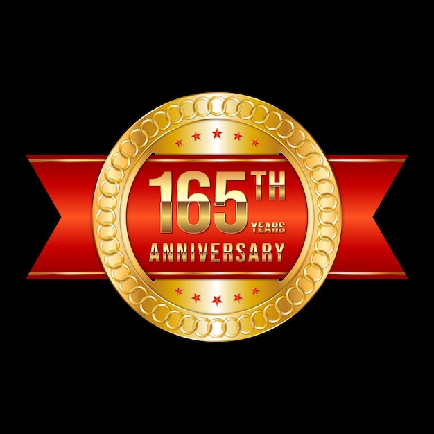 165th anniversary emblem design with gold color and red ribbon Logo Vector Template Illustration