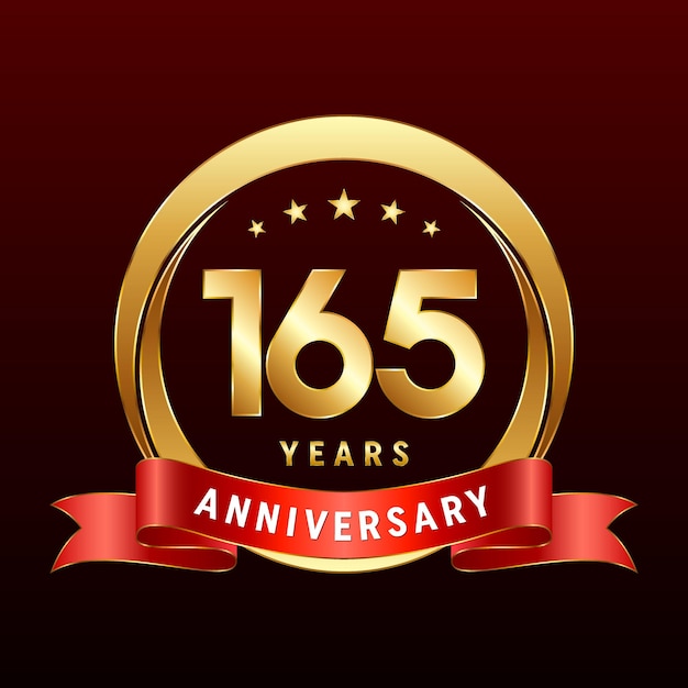 165th Anniversary logo design with golden ring and red ribbon Logo Vector Template Illustration