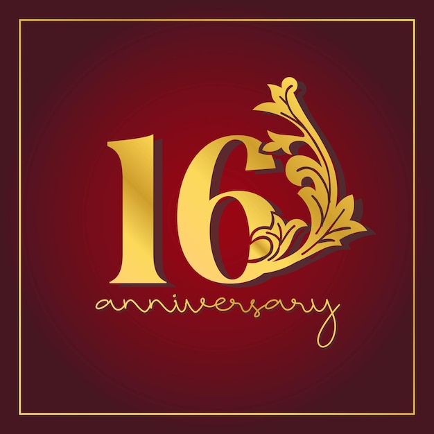 16th Anniversary celebration banner with  on red background. Vintage Decorative number vector Design