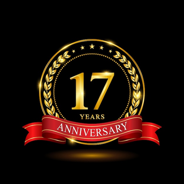 17 Years Anniversary template design with shiny ring and red ribbon laurel wreath isolated on black background logo vector