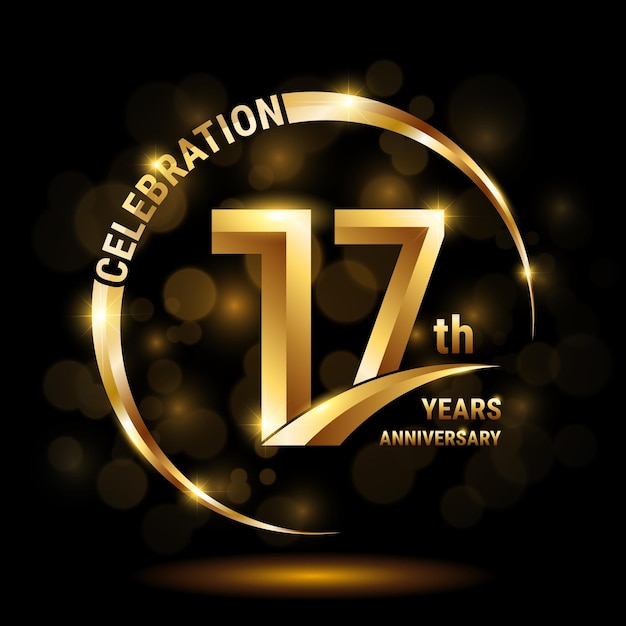 17th Anniversary Celebration logo design with gold ring and golden number Logo Vector Template