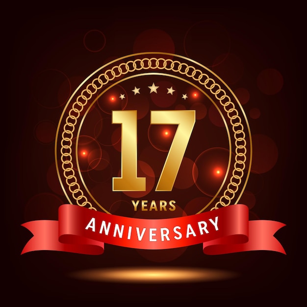 17th Anniversary Golden number with sparkling confetti and red ribbon Vector Template