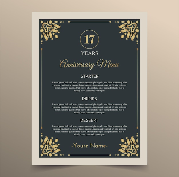 17th anniversary menu design template