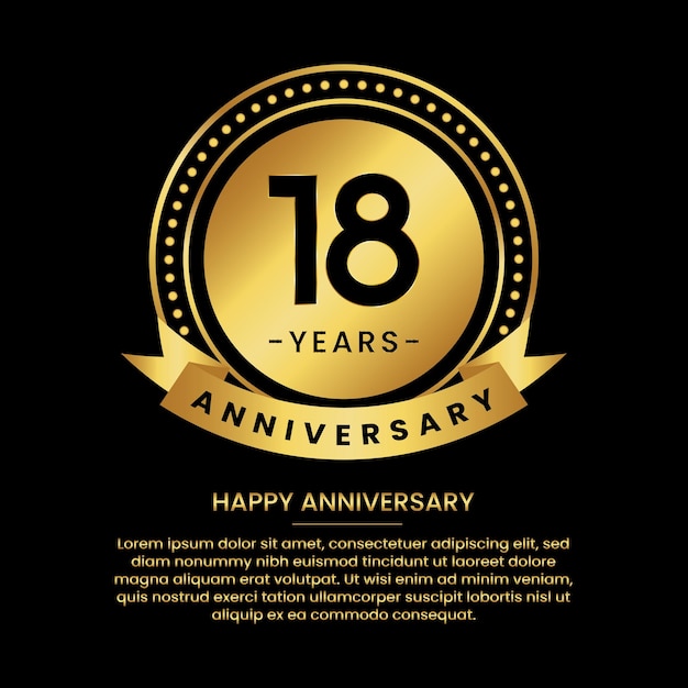 18 years anniversary banner with luxurious golden circles and halftone on a black background and replaceable text speech