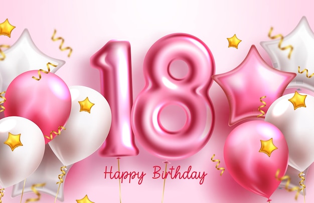 18th birthday balloon vector design. Happy birthday text with 18 number inflatable balloons party