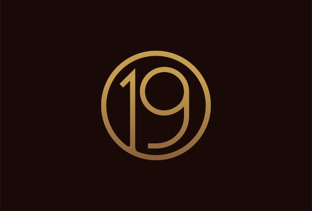 19 years anniversary logo, gold line circle with number inside, golden number design template