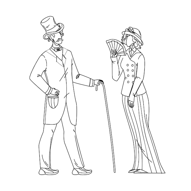 1900 Victorian People Lady And Gentleman Black Line Pencil Drawing Vector. Victorian Style Couple Man With Cane And Woman With Fan In Retro Clothes. Characters Elegant Vintage Clothing Illustration