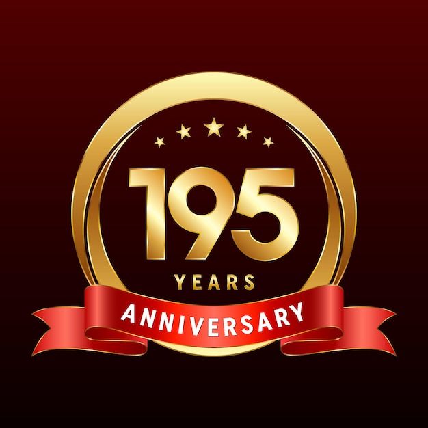 195th Anniversary logo design with golden ring and red ribbon Logo Vector Template Illustration