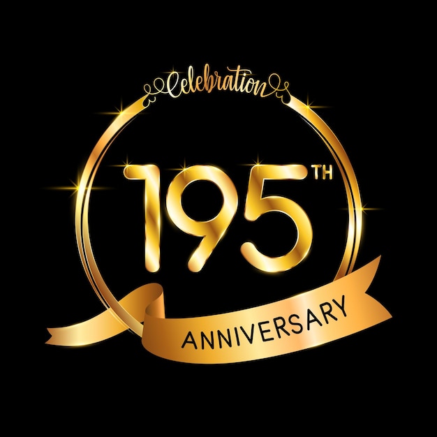 195th Anniversary template design with gold color ribbon and ring Logo Vector Illustration