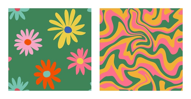 1970 Daisy Flowers Wavy Swirl Seamless Pattern Pack in Green Orange Pink Yellow Colors