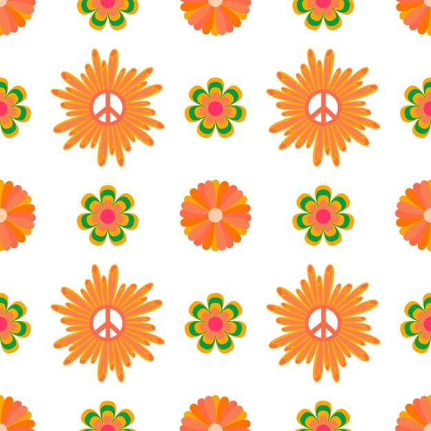 1970 daisy vector seamless pattern with peace sign