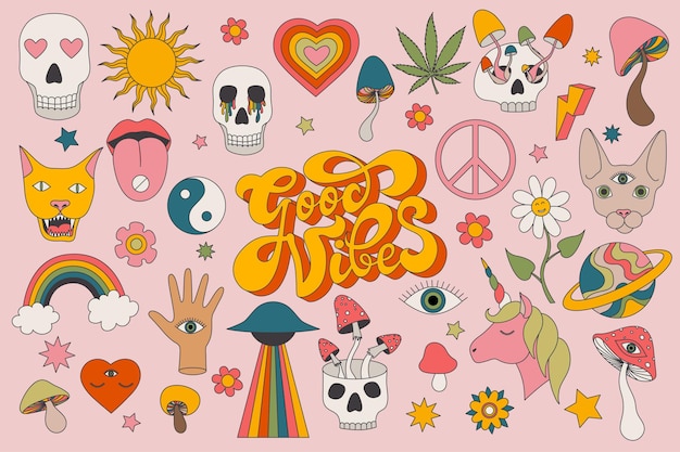 1970 groovy psychedelic clipart Set Hippie 70s collection