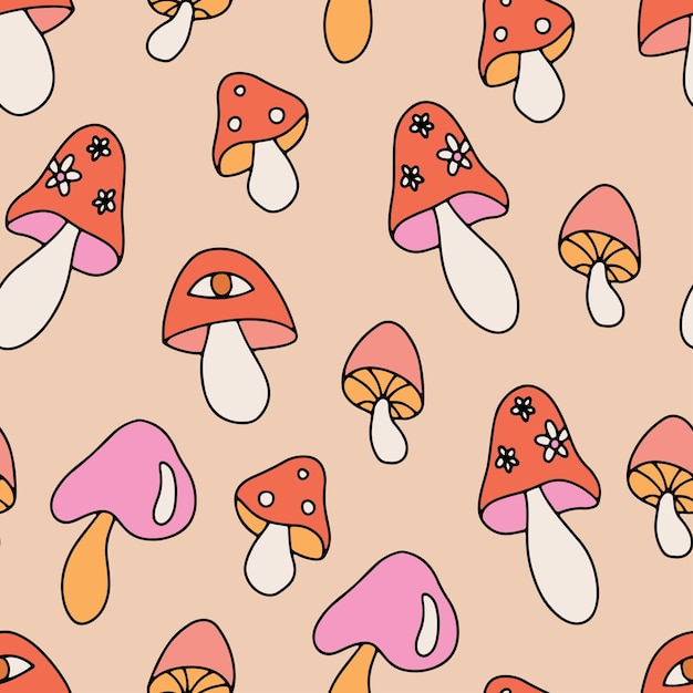 1970 Mushroom Seamless pattern Background in boho colors HandDrawn vector illustration Seventies style groovy background Flat design hippie aesthetic