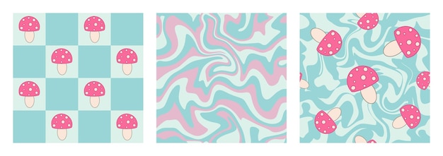 1970 Mushroom Trippy Grid Wavy Swirl Seamless Pattern Set in Pastel Pink and Blue Colors HandDra