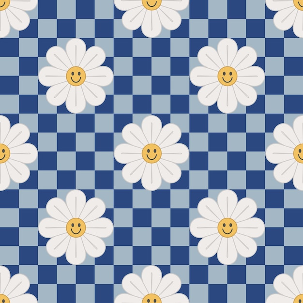 1970 Retro Smile Chamomile Seamless Pattern on Blue Checkered Background. Hippie Aesthetic. Hand-Drawn Vector Illustration, Flat Design. Kids Graphic Cover or Sticker.