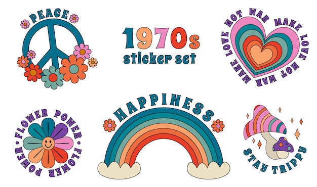 1970 Slogan Stikers Set Peace Sign Rainbow Daisy Heart Psychedelic Mushroom in Rainbow Colors Retro Style Crazy Groovy Hippie Aesthetics Kids Graphic Tshirt Cover Sticker