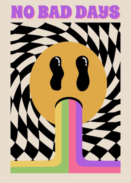 1970 Smile Groovy Poster on Black Checkered Background with Rainbow and Inspiring Slogan. Hippie