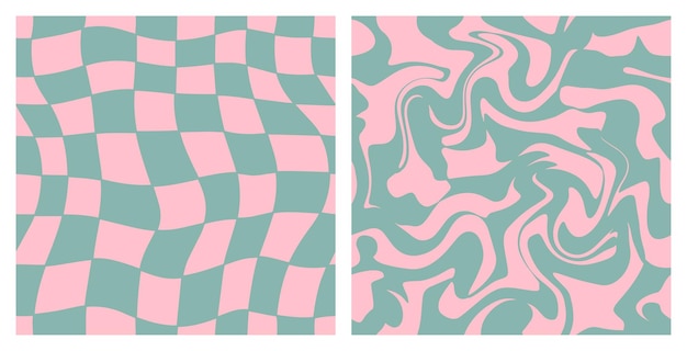 1970 Trippy Grid and Wavy Swirl Seamless Pattern Set in Pink and Green Pastel Colors HandDrawn Vector Illustration Seventies Style Groovy Background Wallpaper Print Flat Design Hippie Aesthetic