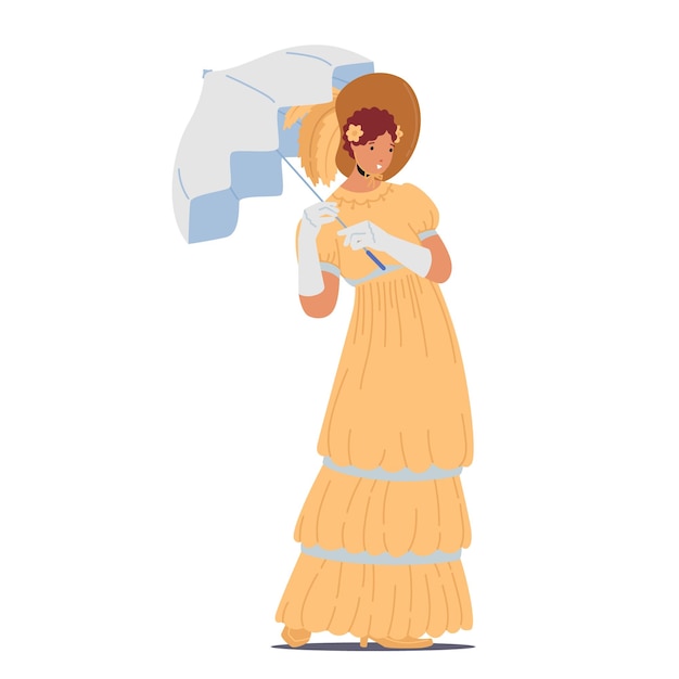 19th Century Lady Wear Elegant Gown Umbrella and Hat Isolated on White Background Victorian English or French Woman