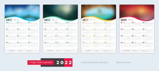 1Page Wall Calendar 2022 template with 4 Color Variation Designs