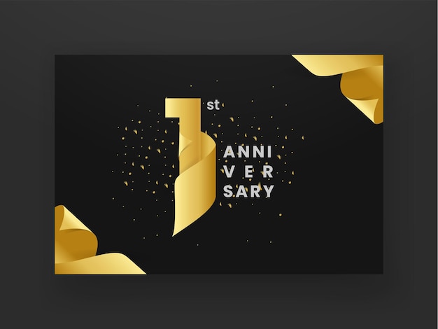 1st anniversary golden ribbon logotype celebration banner on dark background