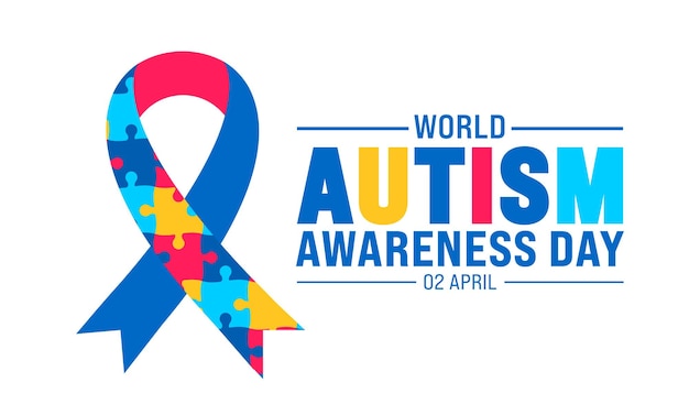 Vector 2 april world autism awareness day colorful puzzle icon with puzzle awareness ribbon banner