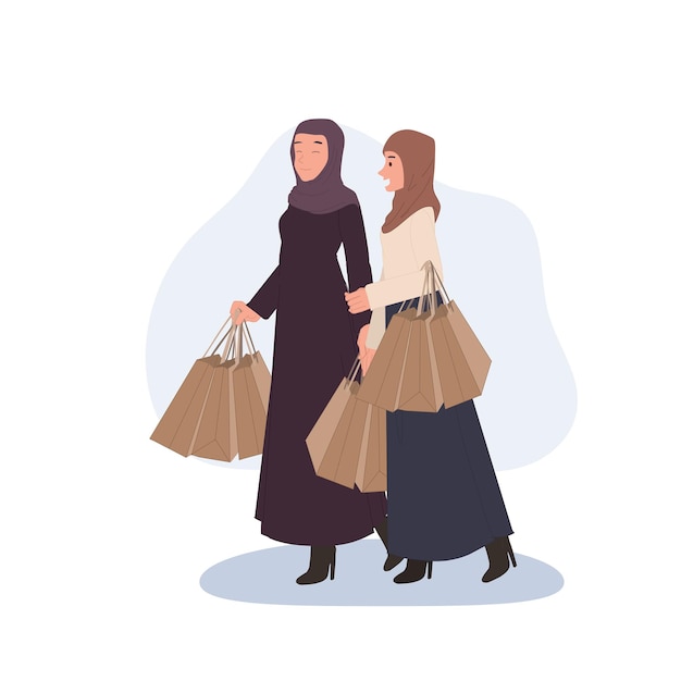 2 Arabs Women Shopping together Muslim woman frineds go to shopping with shopping bag in hands Vector illustration