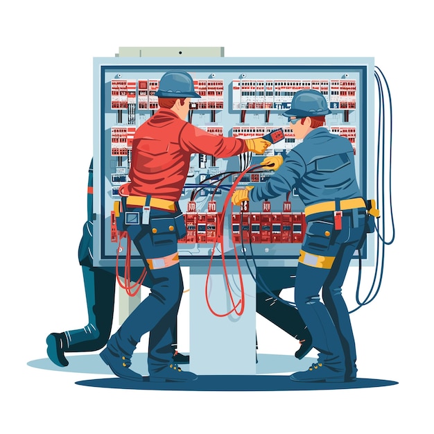 Vector 2 electricians working on an electrical panel flat vector illustration