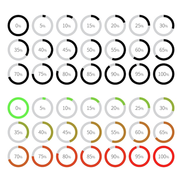 Vector 2 groups of circle loading progress icons in black and gradient colored isolated on white