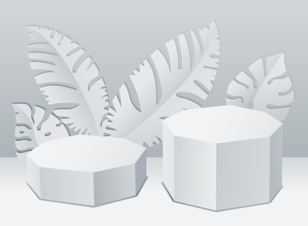 2 octangonal mockup podiums with leaves for product presentation on white color background