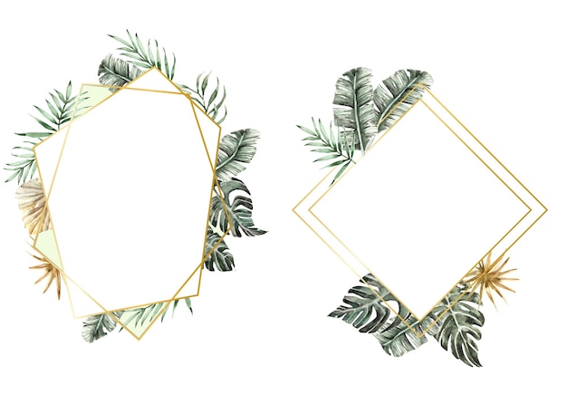 2 set vector illustration geometric gold frame tropical leaves