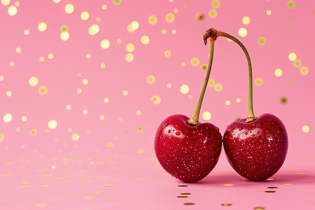 Vector 2 shiny glittery cherries pink background with gold dots in the style of michael sowa and camille walala white background ar 32 job id 1737b9dfd057405faa612c994b15caab