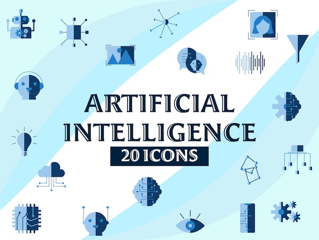 20 Artificial Intelligence Icon Set On Blue And White Background