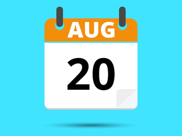 20 August Flat icon calendar isolated on blue background Vector illustration