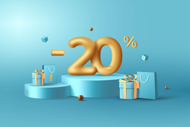 20 percent Off 3D Gold Discount numbers on podium