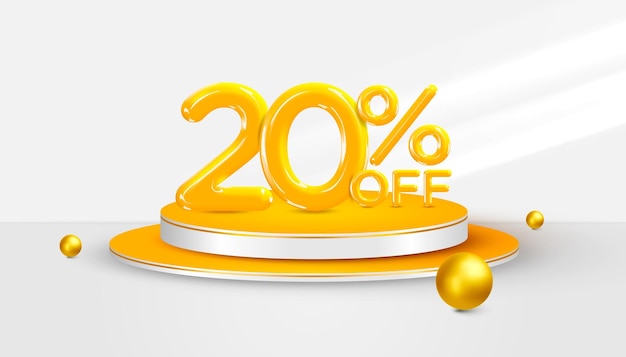 20 percent Off. 3d Twenty percent bonus symbol on a podium stage. Sale banner or poster design.